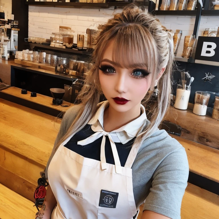 <lora:sophie-05:0.5>, sophie,photo of a woman, ((blonde hair)), ((barista uniform, barista outfit, apron, coffee shop, coffee cup)),smiling, ((red lipstick, eyeliner, eye shadow, blush)), ((best quality, masterpiece, extreme details, high resolution):1.2),((detailed eyes, beautiful eyes, detailed face, beautiful face):1.2)