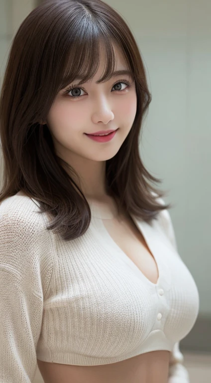 masterpiece, best quality, ultra-detailed, intricately detailed hyperdetailed, realistic, sharp features, highly detailed, sharp focus, 19years old, perfect face, perfect face, perfect symmetrically perfect eyes, perfect full lips, flexible female form, cinematic, film light, hyper detailed, hyper realistic, high resolution, vibrant, dynamic studio lighting, ((Dark background)), (seductive smile), short hair, straight Bangs, brown Eyes, White sweater, cowboy shot,