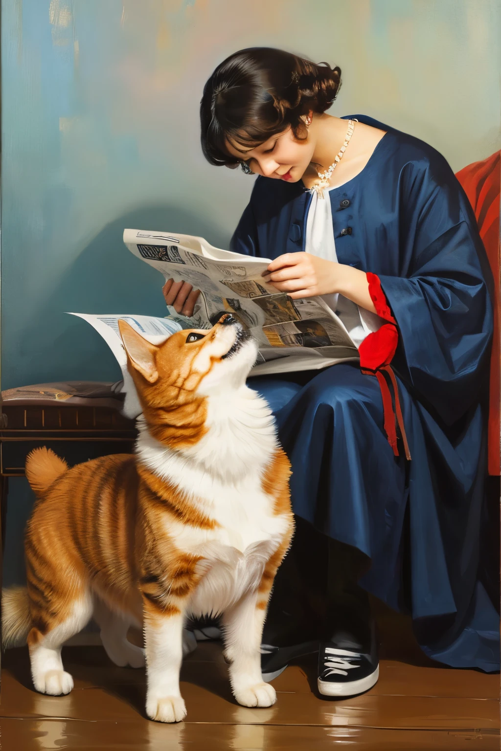 dog sitting on the toilet and reading a newspaper, a super humorous oil painting of a cat playing a piano , very funny oil painting, Picture of a cute dog, Large portrait, descriptive art , Canvas Art Print, Classical portrait, extremely realistic , extremely high quality artwork, Mixed Art, a portrait, looking down from, anthropomorphic dog cleaning, funny illustration , Ultra-realistic painting