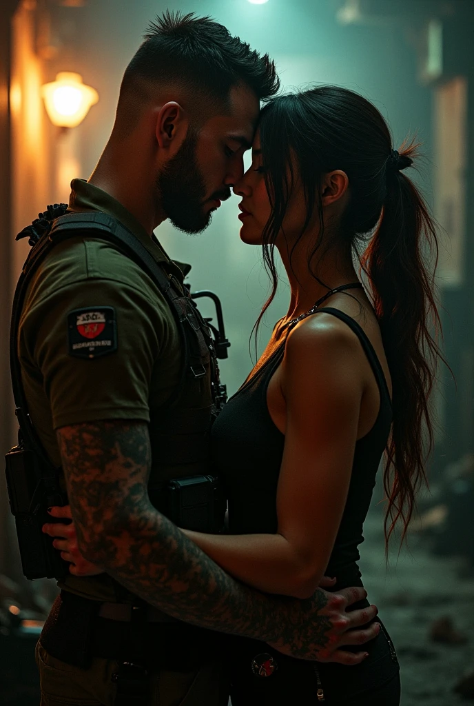 A very white-skinned girl with long black hair, very pretty, wearing a red dress pointing a gun at a man with a military haircut, dressed in black, very tall, very handsome and masculine, without a beard, with a background of much chaos and misfortune, and they are looking into each other's eyes with love and hate.