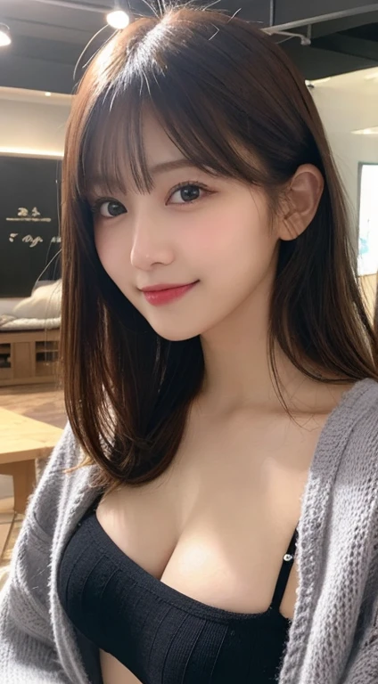 ((highest quality、8k、masterpiece:1.5))、One Girl、(In a letter)、Blunt bangs、(Lots of vans:1.3)、(Ezvian everywhere:1.4)、(Symmetrical face)、Highly detailed face、Very sophisticated mouth、Fine grain、Detailed ears、Slim face、(Selfie:1.3)、(look up)、(From above)、(Black straight long hair、Ahoge:1.3)、(Upward glance)、The background is blurred、(Details T-shirt:1.2)、(No bra with attention to detail:1.05)、(Hunchback:1.8)、Lip gloss、(Coffee shop)、(Turn off the lights)、Exposing cleavage、