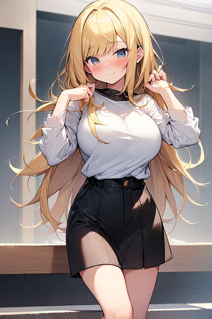 (Masterpiece, Top quality:1.5), full body, (1 beautiful girl:1.2), (Round eyes, big eyes, droopy eyes:1.3), (tethered pants:1.3),  (blonde hair:1.2), long Hair, straight Hair, asymmetry bangs, swept bangs, (large breasts:1.2), junior high school student, shy:1.3, blush:1.3, beautiful scene of station platform, open mouth, dynamic pose, dynamic angle