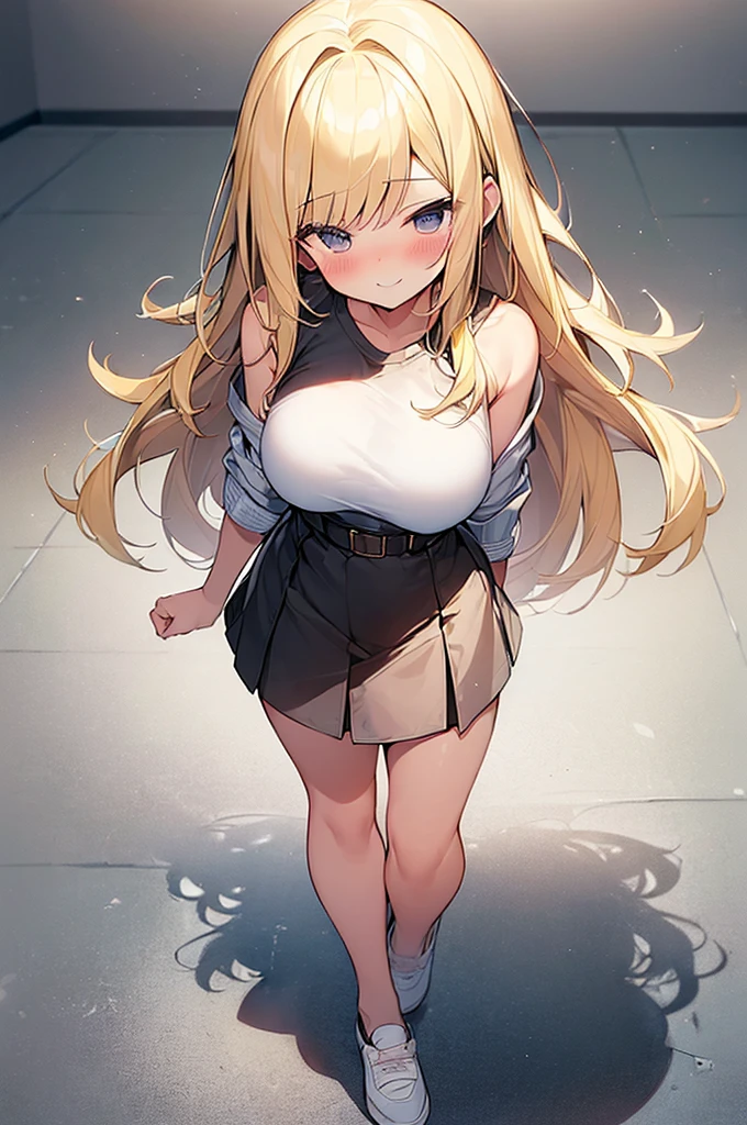 tall woman, long blonde curly hair, buxom chest, colossal breasts, gigantic breasts, saggy breasts, insanely swollen breasts, wide body, round fat and jiggly belly, very thick and fat legs, insanely swollen legs, fat and wide thighs, student