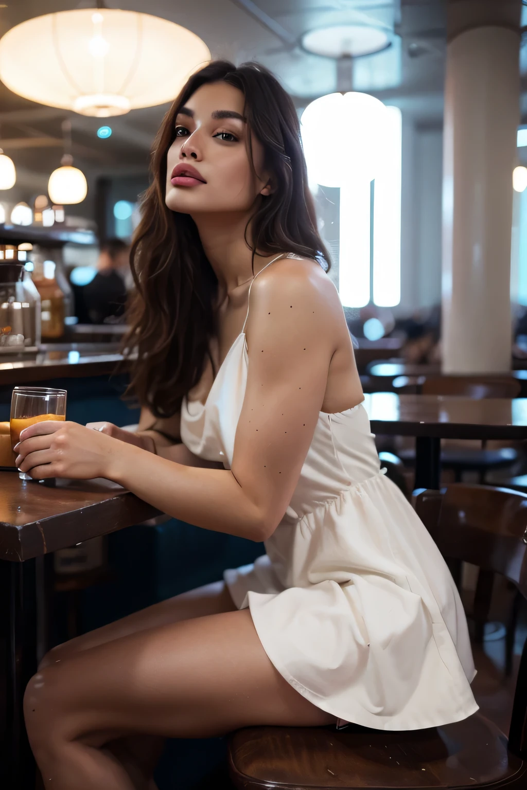 in a cafe wearing a light white dress 