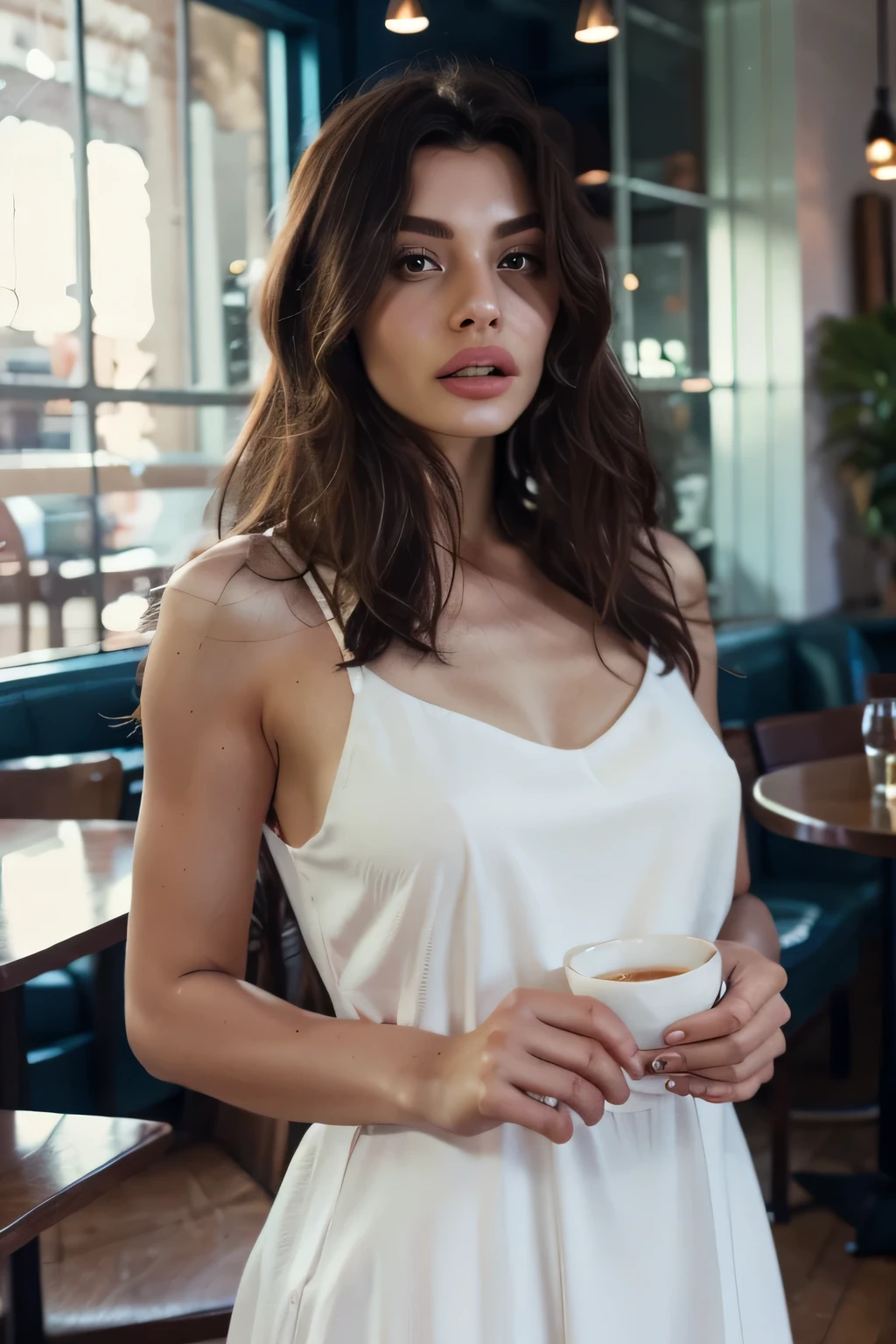 in a cafe wearing a light white dress 