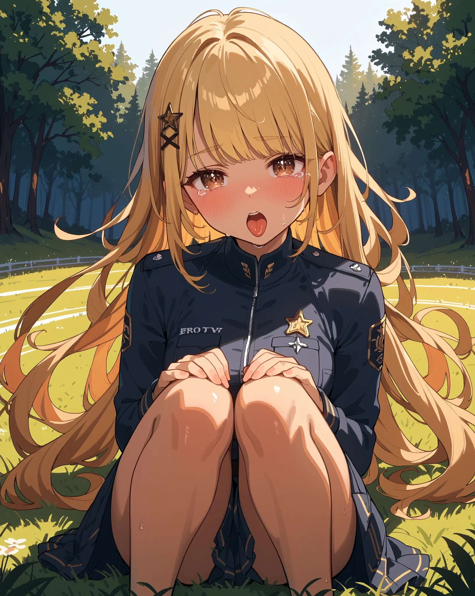 (best quality, masterpiece,cute, RAW photo,ultra-detailed:1.2), <lyco:GoodHands-beta2:1.0>,1girl,solo,looking at viewer, smile, (hair over right eye:1.2),
bags under eyes,Pikachu, school uniform, (Black jacket), tie, white shirt, red tie uder jacket, blonde hair,(Blackskirt),(yellow  pantyhose stocking:1.5), <lora:Pikachu_v1-5:1>,  high school,from above,