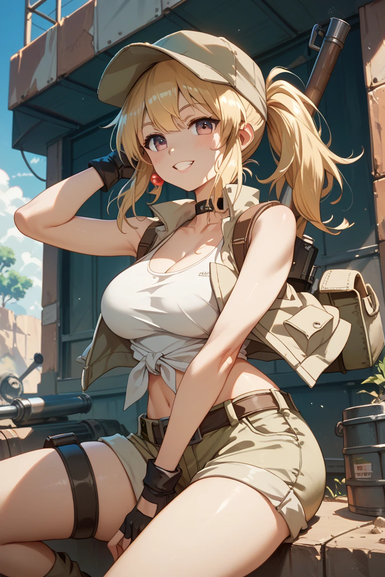 Cute girl, short white hair, yellow eyes, red cheeks, clear and bright skin, large breasts, exposed belly, short pants, dawn view and trees in the background