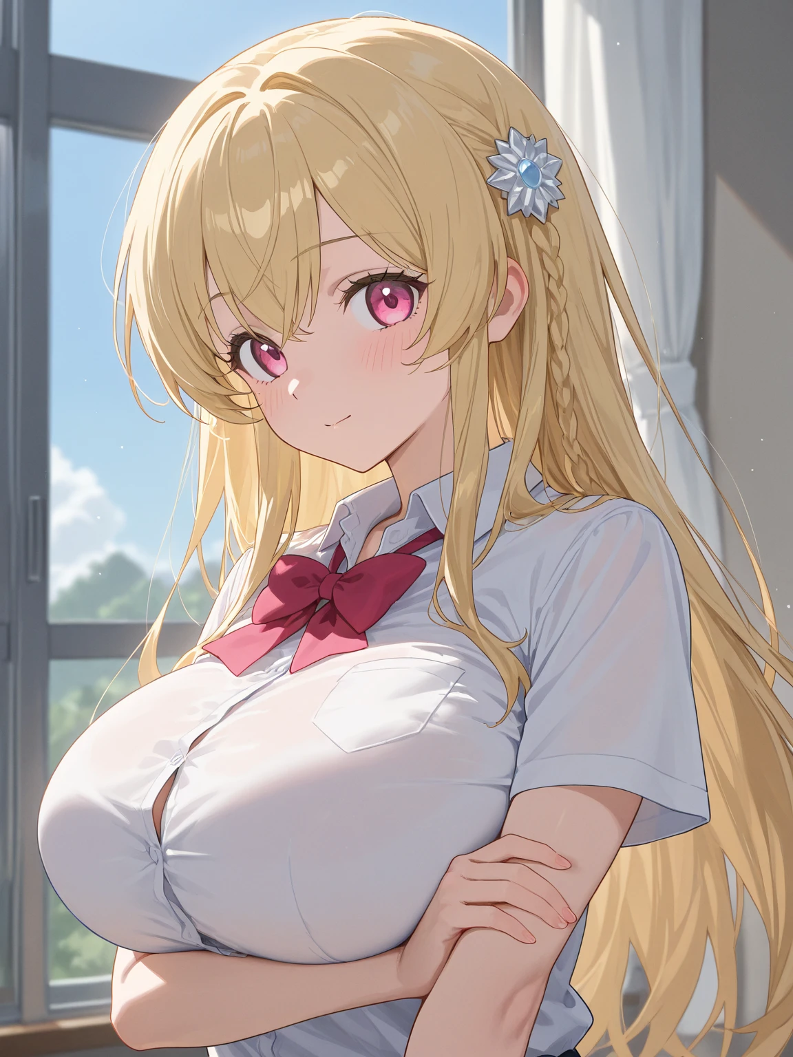 best quality, masterpiece, highres, solo, {nero_claudius_fgo:1.15}, blonde_hair, ahoge, green_eyes, hair_intakes, breasts, bangs, smile, large_breasts, blush, cleavage, braid, hair_between_eyes, long_hair, 1girl, bare_shoulders, collared_shirt, earrings, french_braid, hair_bun, hair_ribbon, hoop_earrings, jewelry, looking_at_viewer, red_ribbon, ribbon, shirt, single_hair_bun, sleeveless, sleeveless_shirt, white_shirt, closed_mouth, red_skirt, skirt
