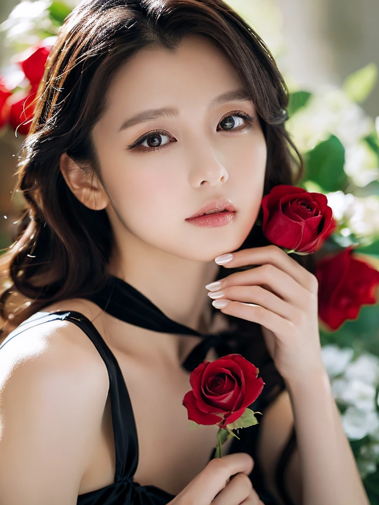 masterpiece、Highest quality、Detailed_skin、Detailed_hair、Detailed、(Very large_breasts:1.5)、Lots of red roses_background:1.5、black_hair、sexy_lingerie、Cinematic:1.35、