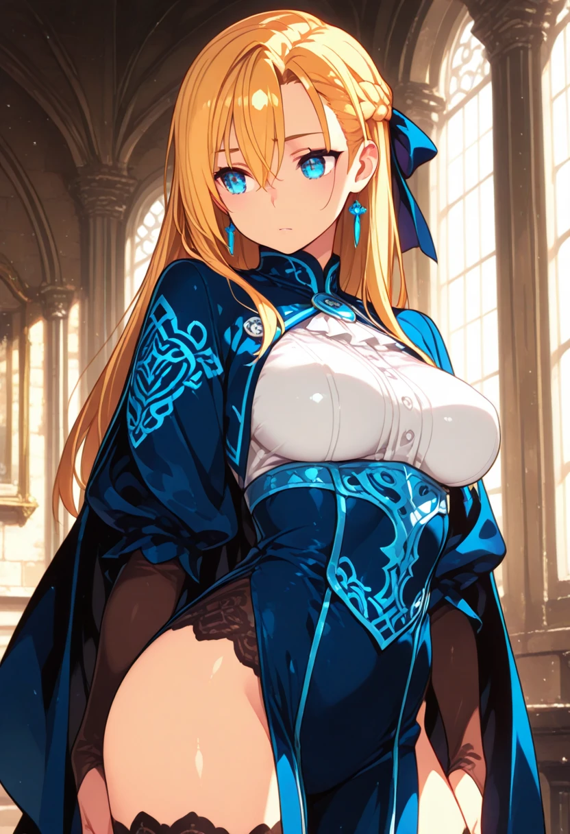 Demon woman 30 years old long blonde hair , peinado desorenado con orejas puntegudas ,Medieval assassin&#39;s clothing black green eyes holding a spear brown shoes brown leather belt jade ornaments in a forest background with magical symbols