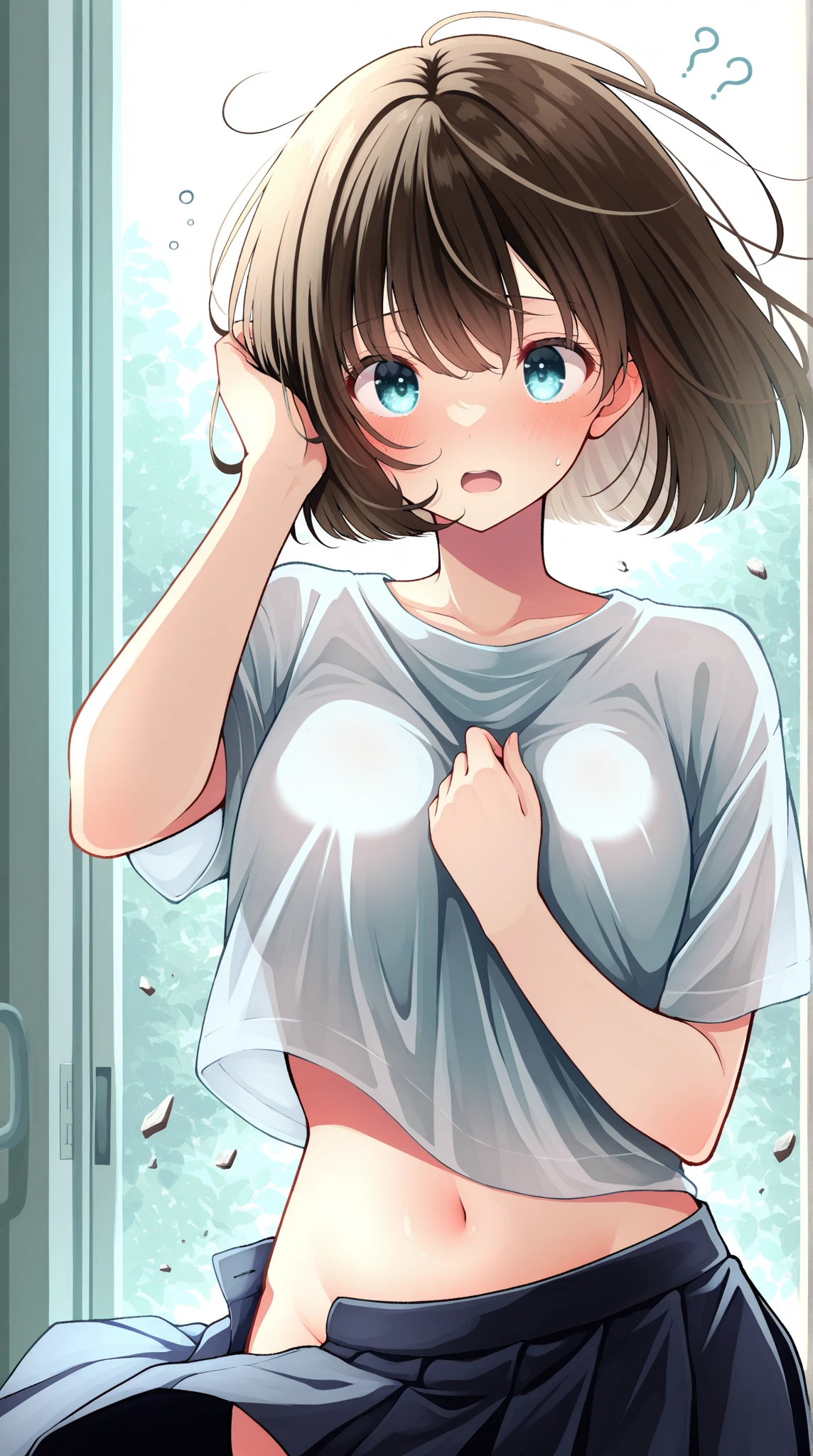 Browsing Caution、Highest quality、Mikoto、Slender figure、Sexy pose、((Soaking wet))、Ecstasy face、((Tabletop)), (1 Girl:2.0), (Highly detailed face, smile), short hair, Brown Hair , (Thin body type), (Japanese Girls), ((White T-shirt、Shorts)), Sunburned skin,cute, Big eyes、Nipples、Spread your legs、Pussy、(((Love Juice)))、(((Sweat)))、(((Sweat臭い)))、(((Sweat染み)))、(((Body odor)))、(Yellowing)、((Wet hair))