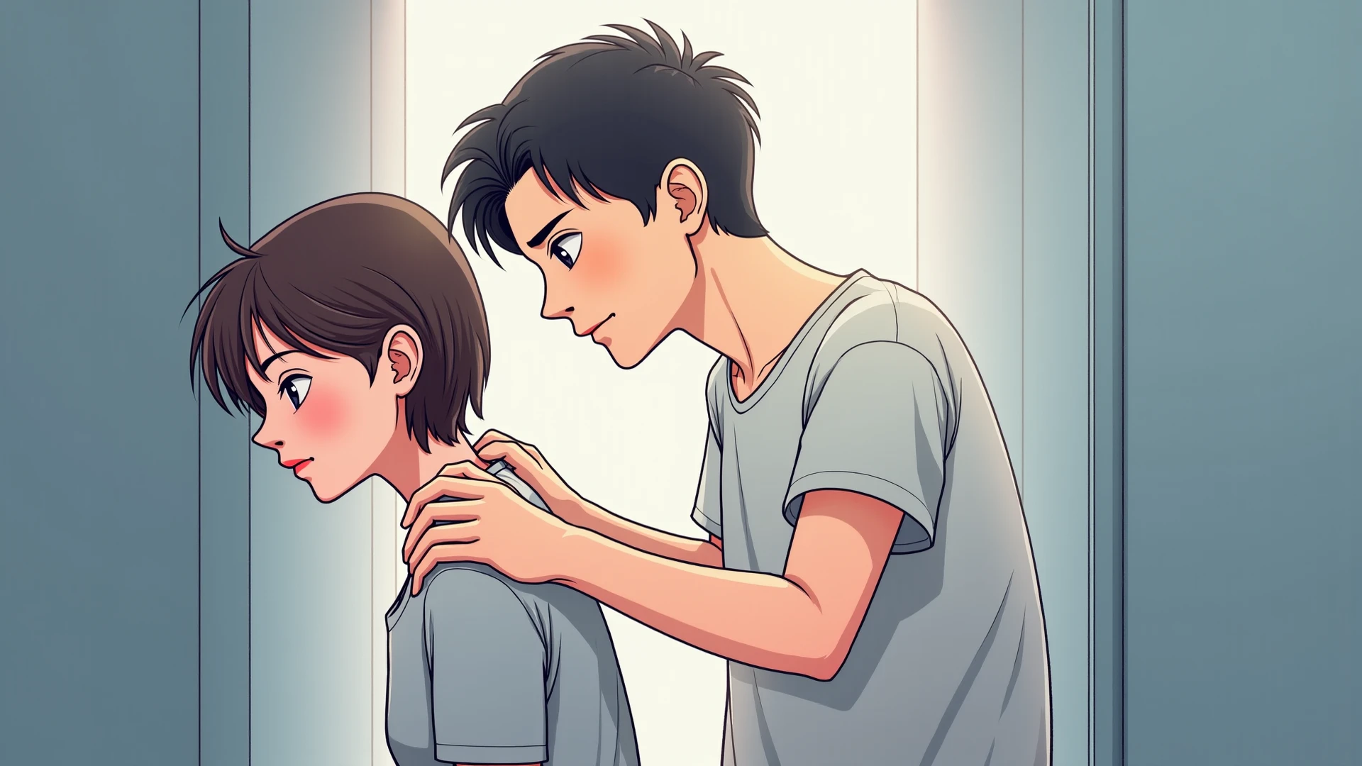 （A woman giving a blowjob to a boy chained to a wall）、Oneshota、Puzzled、Embarrassed、