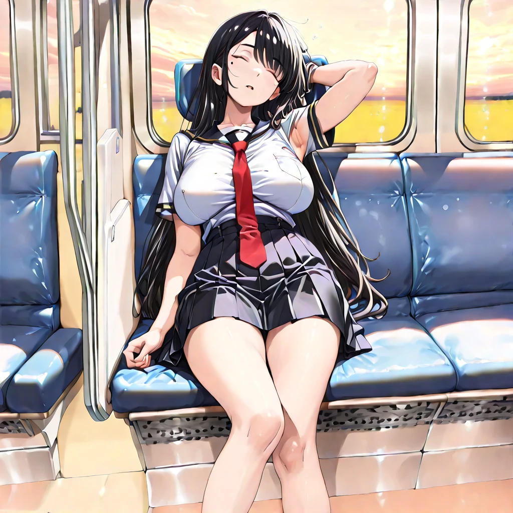 sit in a train seat, (Bend your knees, Panty shot), Camel Toe, , skirt,blush, (smile:0.7), (8k, RAW Photos, highest quality, masterpiece:1.2), 1 girl,alone,Mature Woman,Black Hair,Brown eyes,Long Hair, chest, chestの谷間, Observe the audience,I can see her panties,Showing off panties,