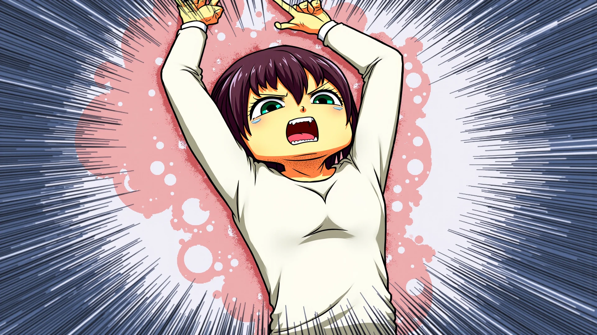 1female, kasumi miwa , blue hair, default hair, default outfit, skinny body, standing, farting, massive fart, velocity, embarrassed, bending over, leaning, wide open eyes, clenching teeth, clenching ass, vore, tiny man, redman hair,