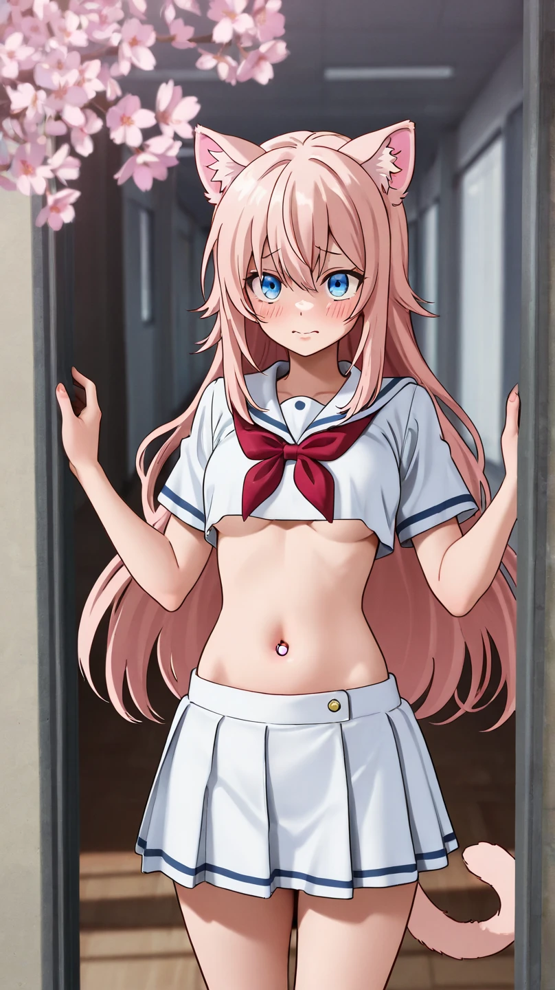 1girl, solo, anime coloring,
long hair, pink hair, red eyes, seductive smile, small breasts, white shirt, red bowtie, hairclip,
masterpiece, Stripes々Panties、Panties in full view、Skirt fully visible、Without skirt、Panties fully exposed、Nipples、Half naked