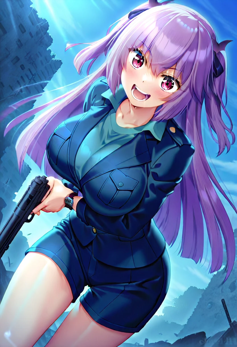 Long purple hair , yellow eyes, sexy, kaiju no. 8 uniform, ready to attack a kaiju, holding a advanced rifle weapon, aiming her weapon, tied hair, cute hairstyle, serious look, gloss lips, sit, sinister, front look, tactical gear, tactical boots, tactical gloves, full body shot, beautiful eyes, large breasts, triple D cup breasts, round buttocks, bubbly buttocks, wide hips, bubbly ass, fit and strong, slender body , night, sensual, straigh hair cut, clear skin, evil, young 30 years girl, adult girl, solo, red, very long hair, 