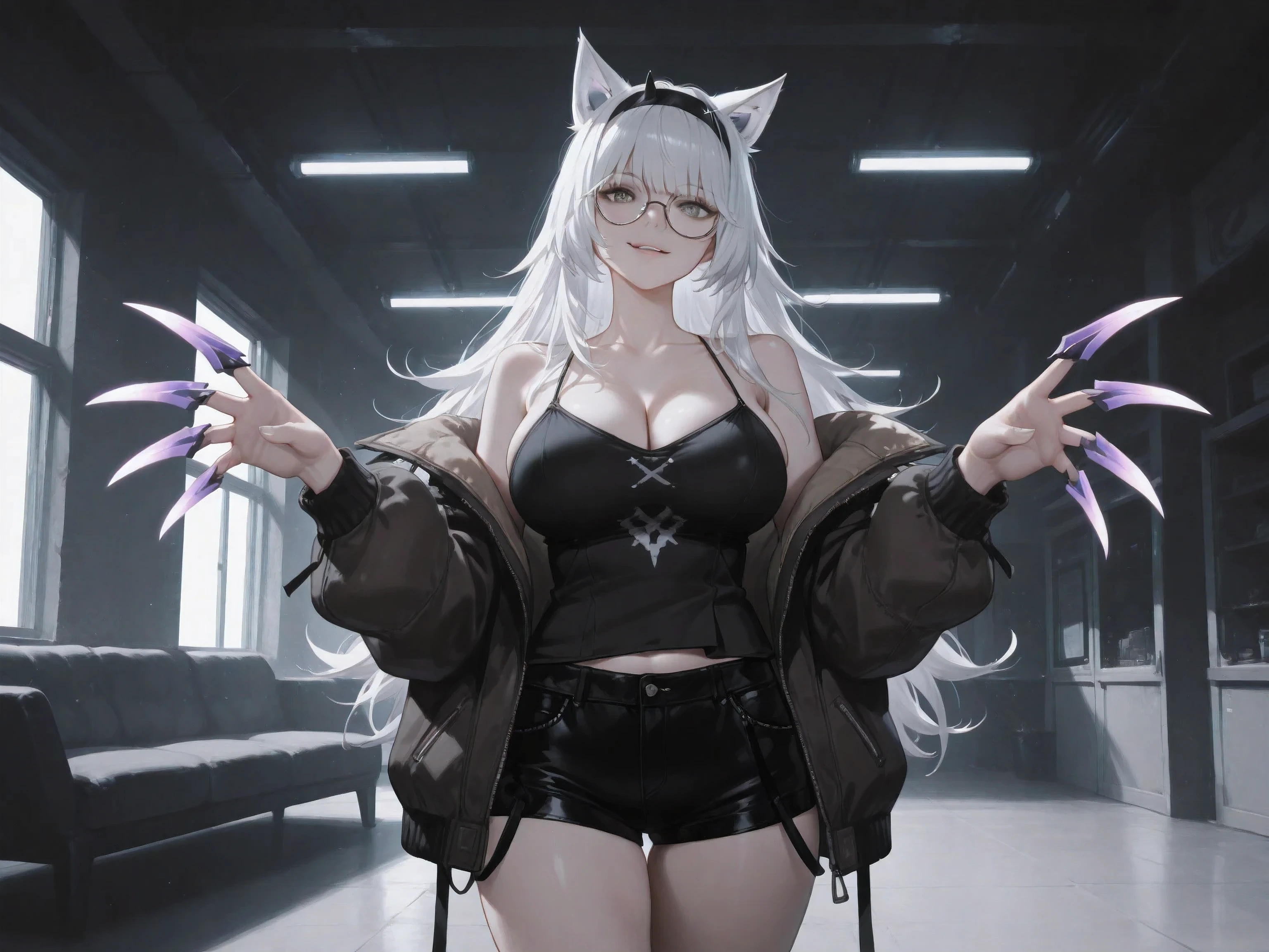 (NSFW:1.1), A Realistic image, extremely sharp focus, crisp details, high resolution, low light, cinematic lighting, fashion photography, interior design, 4K, 8K. (correct anatomy and detailed hand). A wide angle shot, side view, a detailed, high quality rendering of No.21_Feral Scent. Claw weapon. She wears beautiful, detailed round eyeglasses, she wears a string camisole, bomber jacket and shorts. She has a beautiful huge breasts. She has a beautiful face details, a beautiful detailed gray eyes, long hair, black hairband, animal ears, white hair, detailed hands, five fingers and a real human skin, her expression is happy and she looks at the viewer. The background has highest detail, detailed background and depth of field.