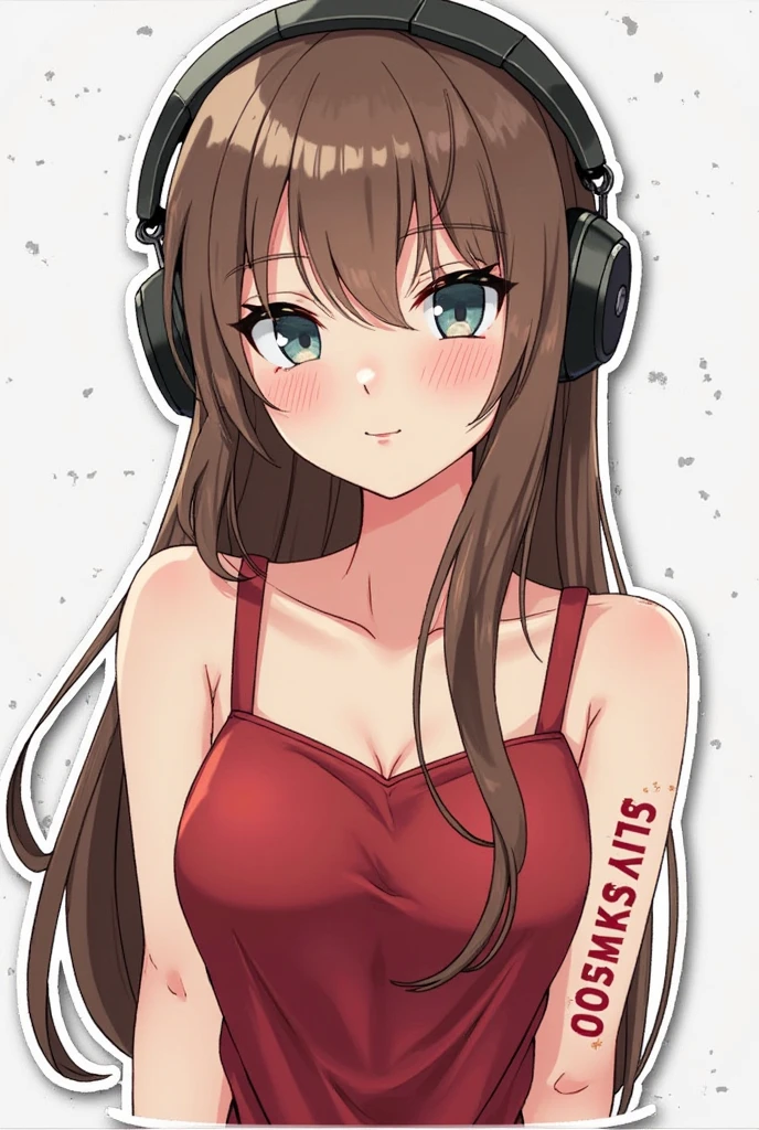Nakano miku, brown long hair, hair between eyes, headphones, g-cup, red bikini, (blushing face:1.2)