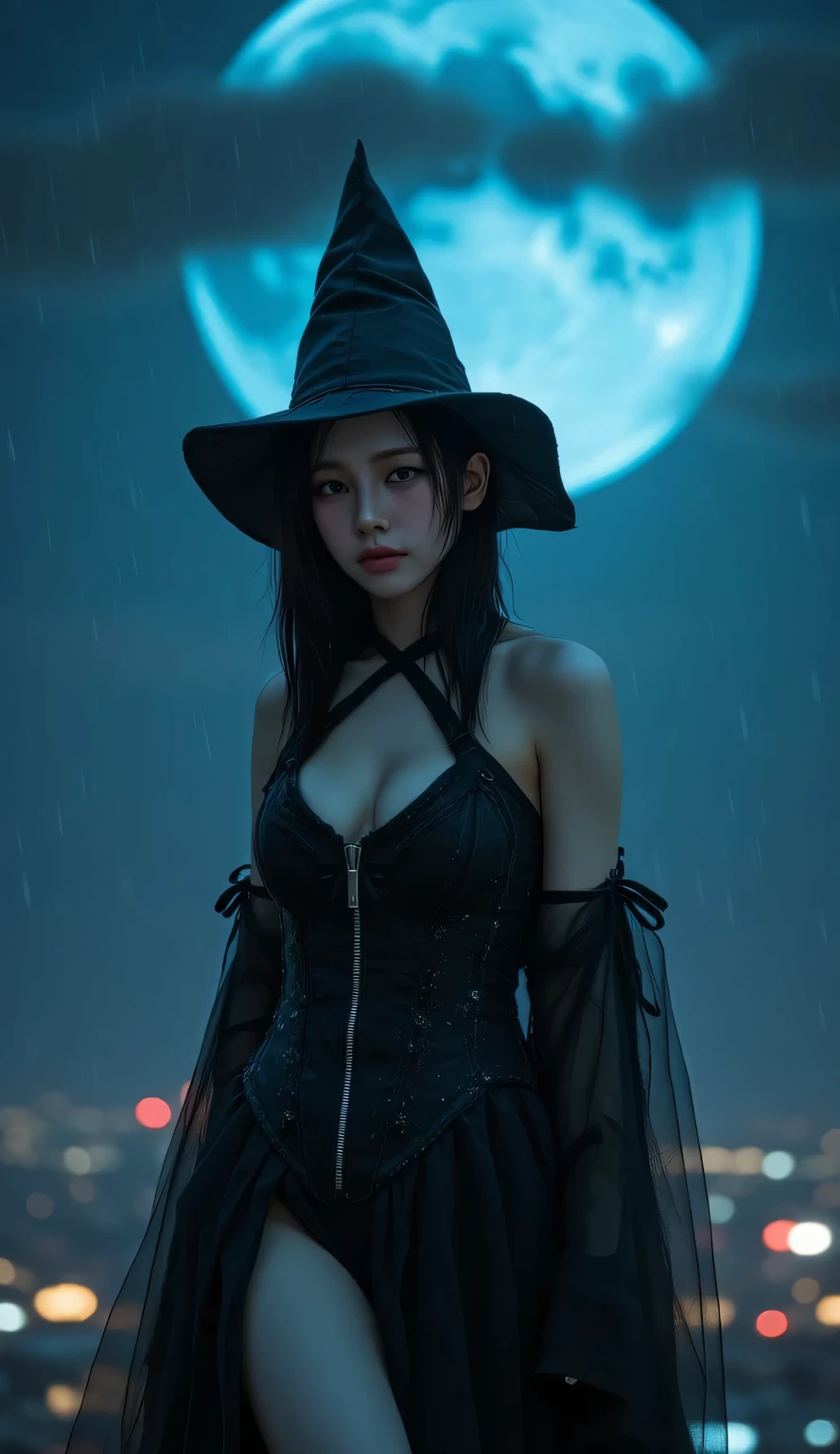 beautiful japanese woman,magical beautiful eyes,fantasy erotic witch ,fine black hair,smooth and soft skin,(huge full moon:1.5),Detailed and perfect clavicle,big symphony lace classic skirt ,(Black Tricorn Hat:1.3),concept art,professional lighting