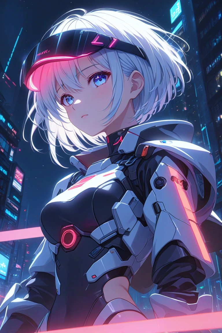 White hair, blunt bangs, bob cut, goggles on head, multicolored eyes, makeup, disgust, backlighting, masterpiece, accurate, super detail, award winning, highres, best quality, 8k, Cyberpunk, the world of science fiction movies, A Martian city in the year 2500, an android woman wearing a mechanic suit, Starry sky, meteor, from back