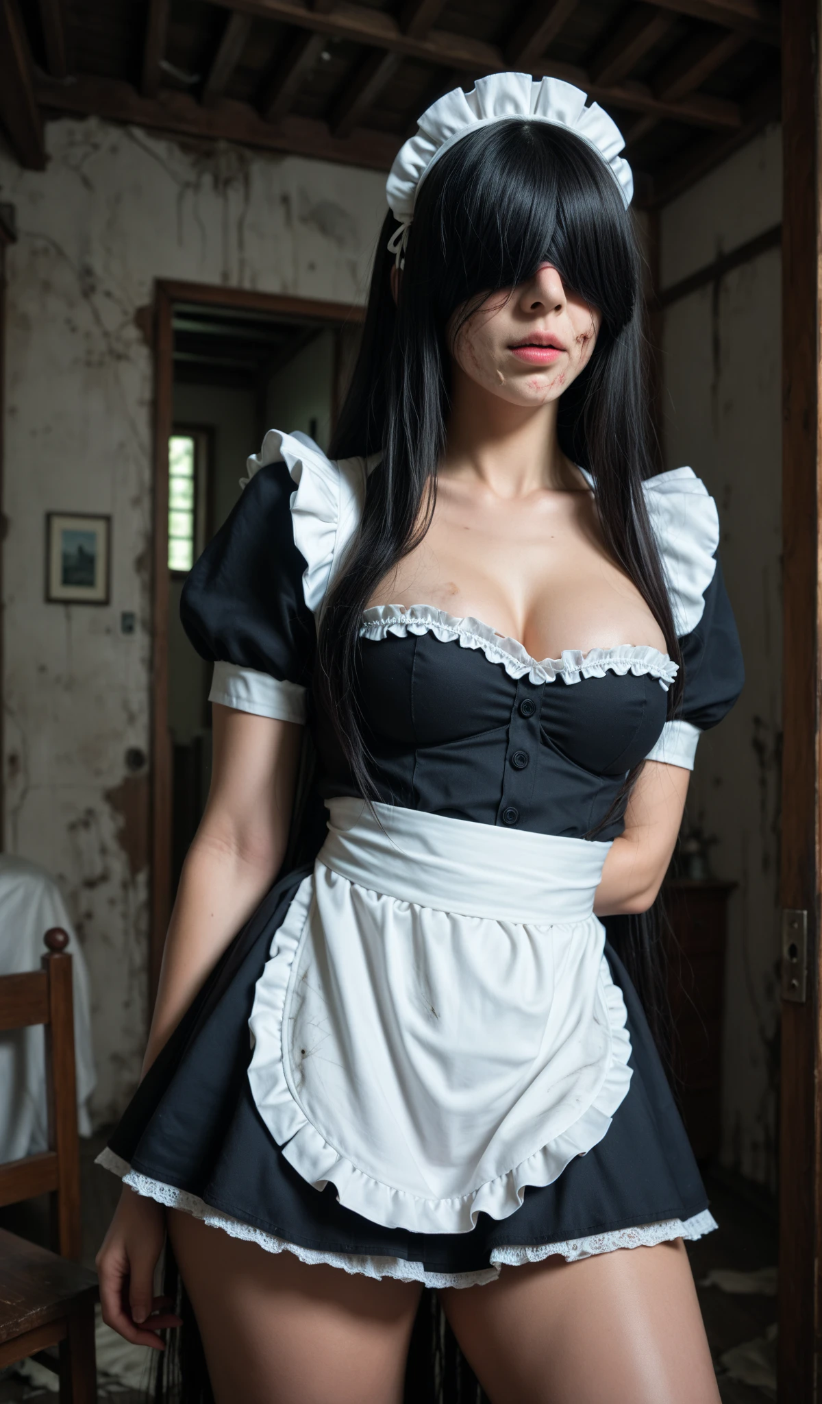 1girl, maid uniform, fox ears, fox tail, voluptuous, plump, black hair, nine tails, wooden floor, looking up at viewer, goth