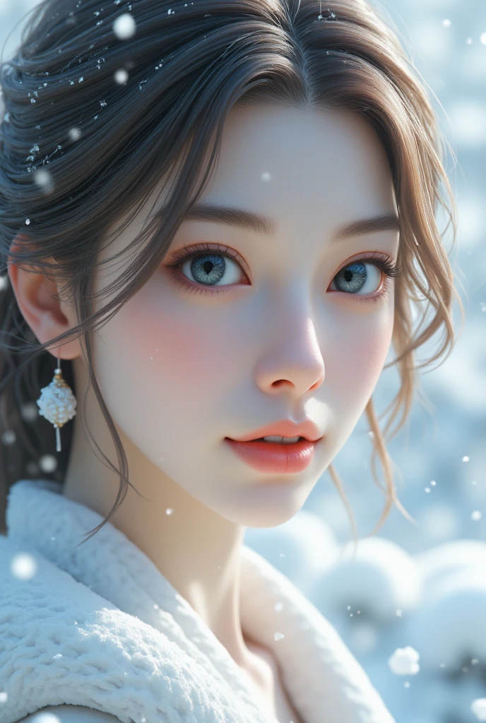 1girl, (best quality: 1.2), lifelike texture, perfect eyes, shiny lips, realistic, ultra-detailed face, detailed skin, look away, outdoors, sun, day, snow moon