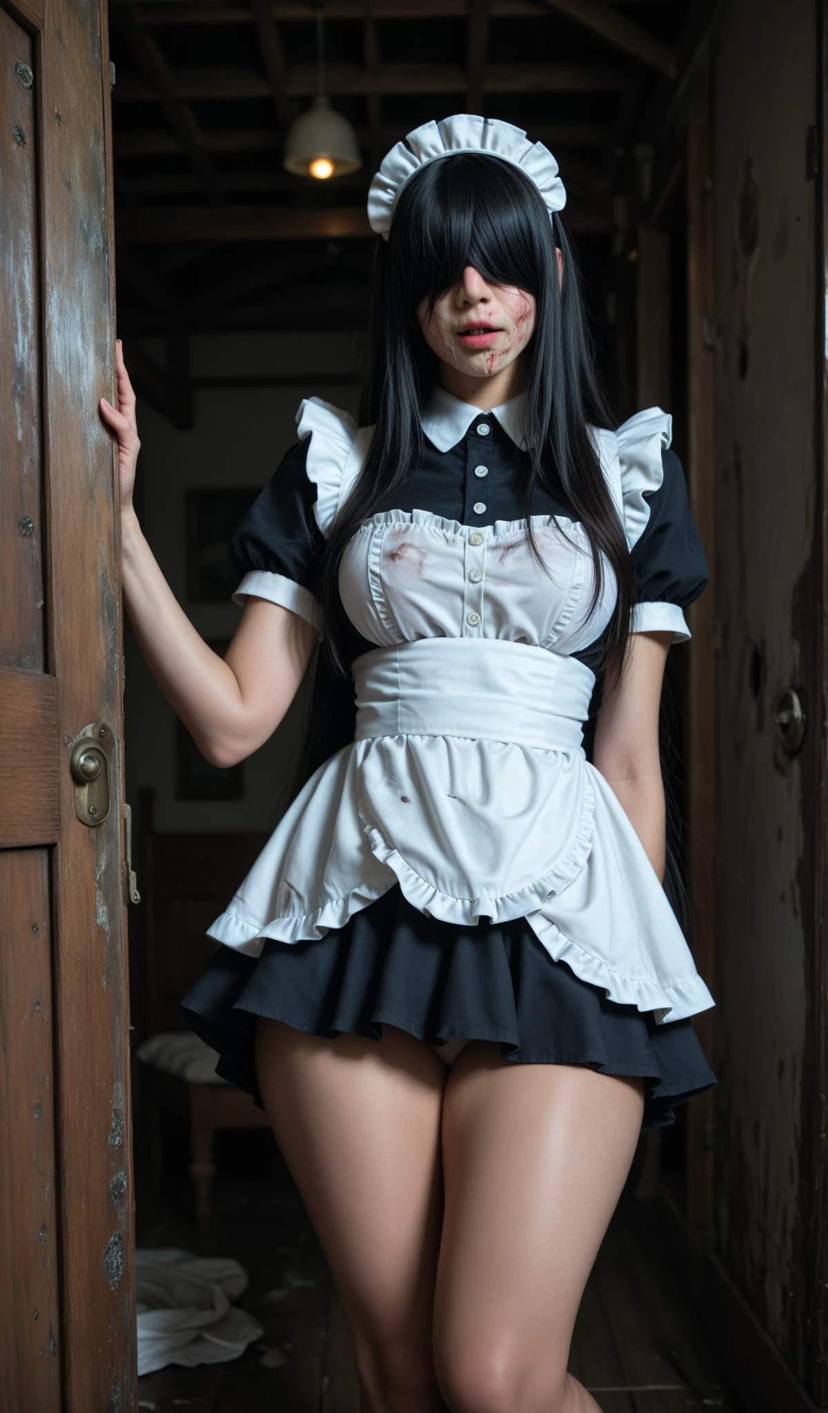 (Mini skirt). arms crossed. (the body is visible all the way up to the thighs). a close up of a woman body and thighs. Focus the photo on the body. falls parallel to the camera. (front view), all body visible. (stand straight), facing the camera. Bunny magical woman, (cosplay bunny girl). tight skirt. (scared face, crying face.  gloomy face.  tired face). witch woman.
(the body is visible all the way up to the thighs), unstylish pose, Real life big mom, bunny girl stand up straight in the house、skinned wizard、twin tail hair、(red dress costume)、AGE28, close-up body. (front view). tight skirt. Bunny girl witch. Pvc latex color.