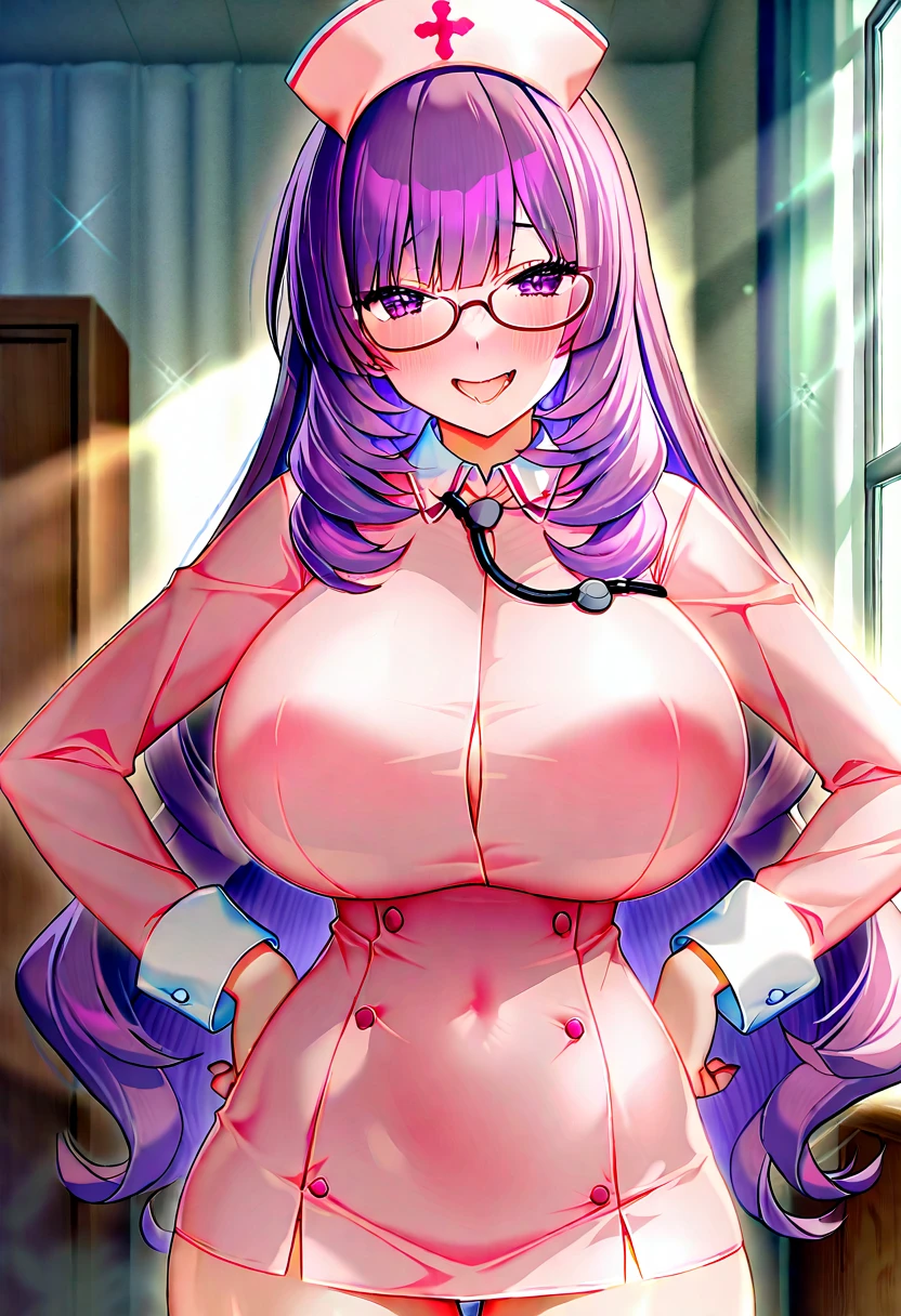 mogudan, (( sexy nurse), cleavage cutout (white) leotard), White leotard with pink trim, highleg, navel cutout, revealing clothes, (BIG Mons pubis), (Raised pubic mound), cameltoe, skindentation,
((nurse)), collar, (nurse cap), covered erect nipples, white long glove, holding syringe, finger to mouth, shushing, pumps, leather clothes, BREAK,
((huge breasts, cleavage)), thick thighs, BREAK,
(glossy hair), (forehead), (All of your forehead is visible),
hair ornament,
eyelash, eyelashes, eyeliner, (big eyes), ((((Large round))) glasses), BREAK,
Calm smile, BREAK,
(In the hospital), indoor, BREAK,
animated painting, anime colored, game cg,
(glossy texture), (high contrast),
((gleaming skin, glistening skin), oiled skin, shiny skin), super detailed skin, wet skin, BREAK,
extremely detailed, Hard light, masterpiece,
best quality, highres, perfect anatomy,
(1girl, solo), (full body shot),
