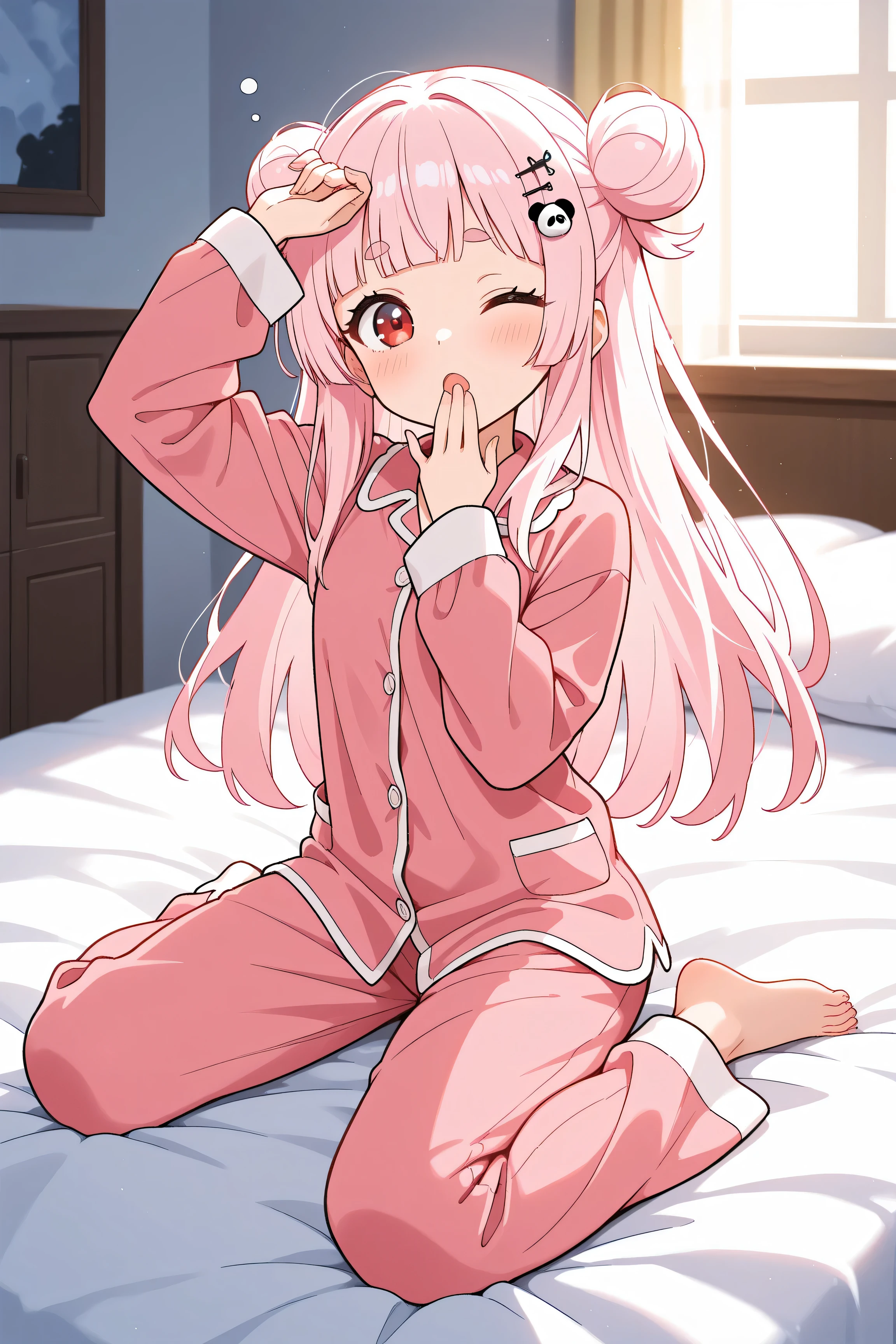 masterpiece, best quality, high resolution,4K, highly detailed, ultra detailed, ((detailed beautiful eyes)), full body, Alone, One person girls, light pink hair, small double bun hair, half twin hair, long hair, hime cut, thin oval eyebrows, Red Eyes, ((bangs Panda face hairpin)), pajamas, looking at viewer, sleepy-eyed, hand to mouth, arm up, wariza, wink, open mouth, on the bed, Indoor in the morning