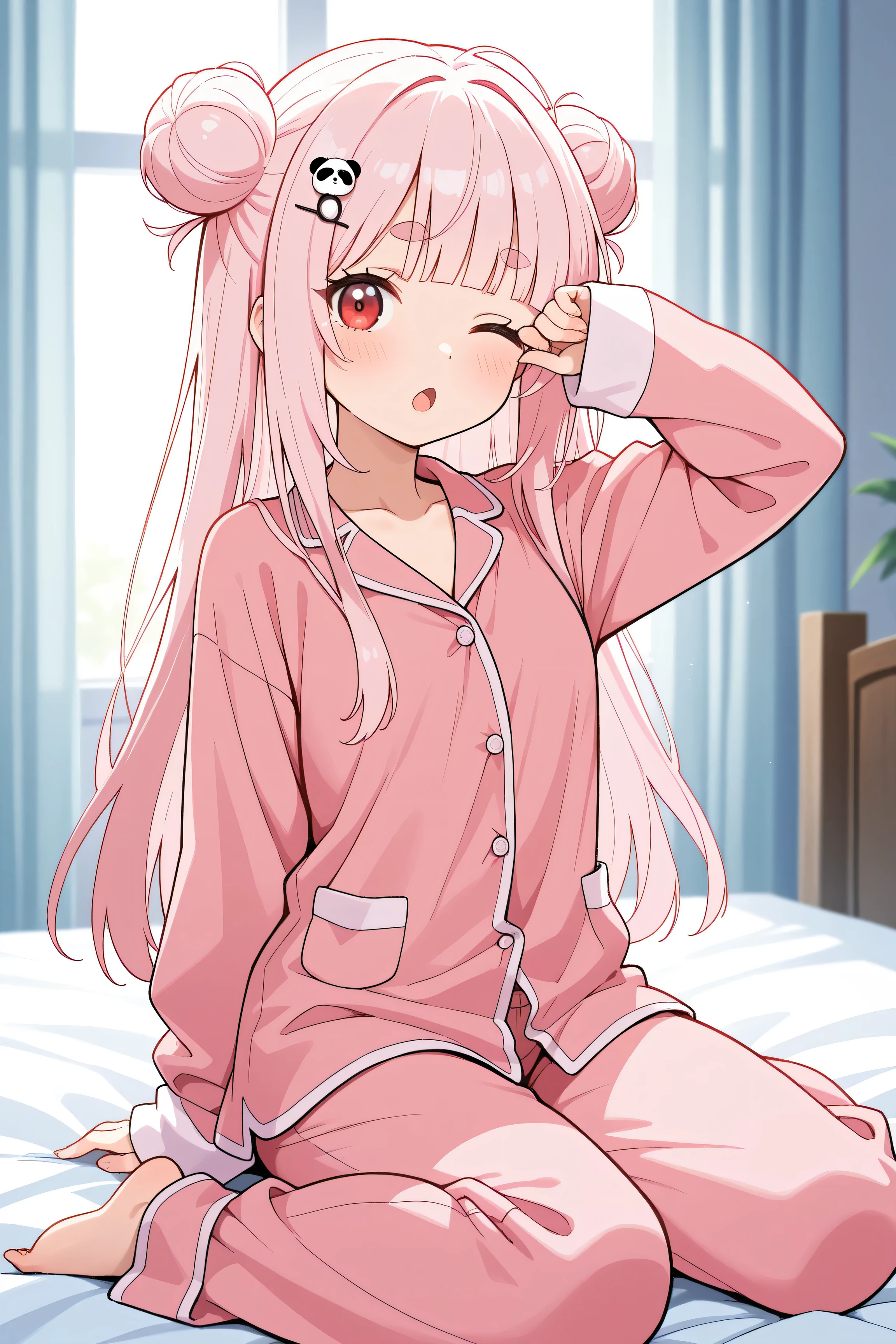 masterpiece, best quality, high resolution,4K, highly detailed, ultra detailed, ((detailed beautiful eyes)), full body, Alone, One person girls, light pink hair, small double bun hair, half twin hair, long hair, hime cut, thin oval eyebrows, Red Eyes, ((bangs Panda face hairpin)), pajamas, looking at viewer, sleepy-eyed, hand to mouth, arm up, wariza, wink, open mouth, on the bed, Indoor in the morning