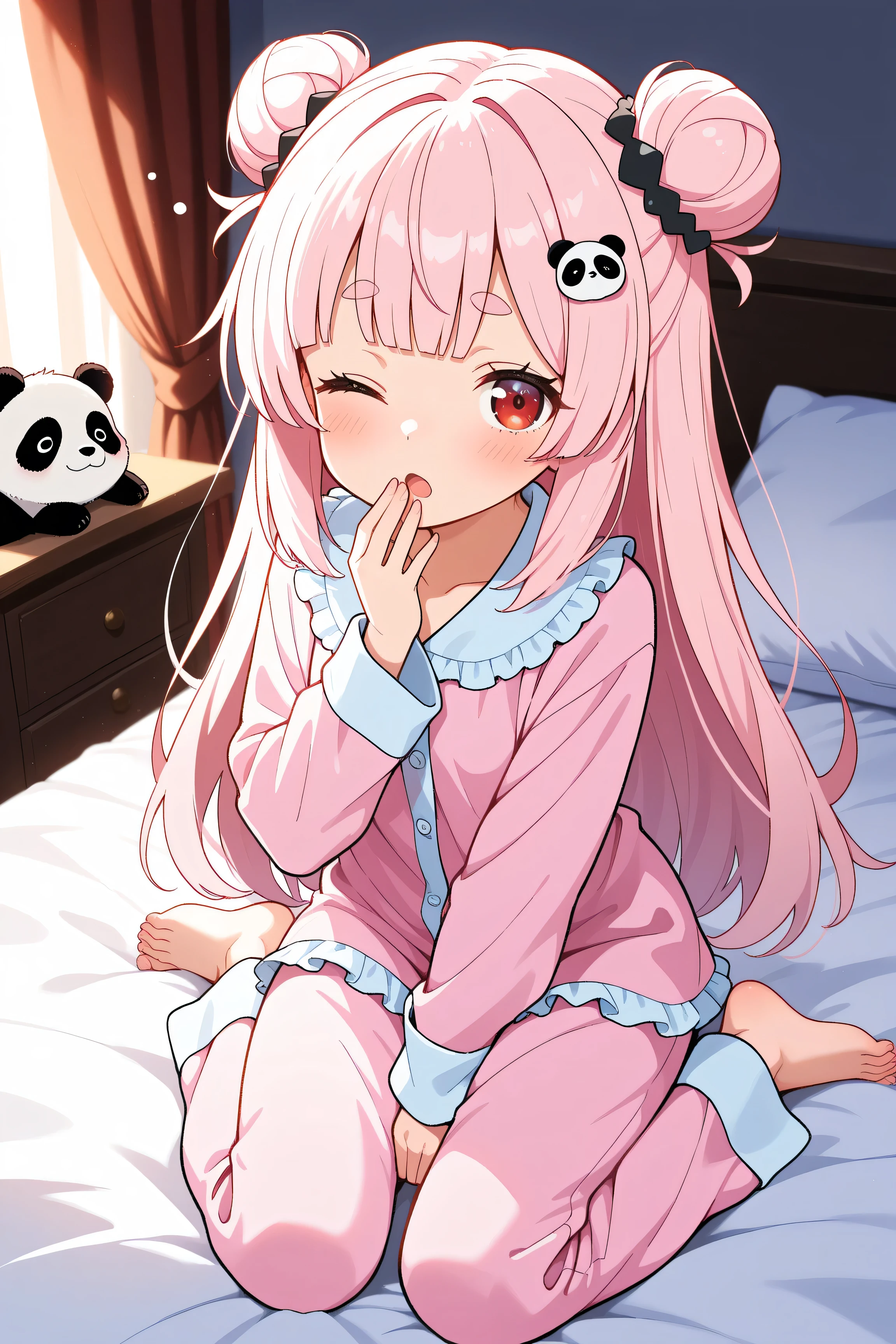 masterpiece, best quality, high resolution,4K, highly detailed, ultra detailed, ((detailed beautiful eyes)), full body, Alone, One person girls, light pink hair, small double bun hair, half twin hair, long hair, hime cut, thin oval eyebrows, Red Eyes, ((bangs Panda face hairpin)), pajamas, looking at viewer, sleepy-eyed, hand to mouth, arm up, wariza, wink, open mouth, on the bed, Indoor in the morning