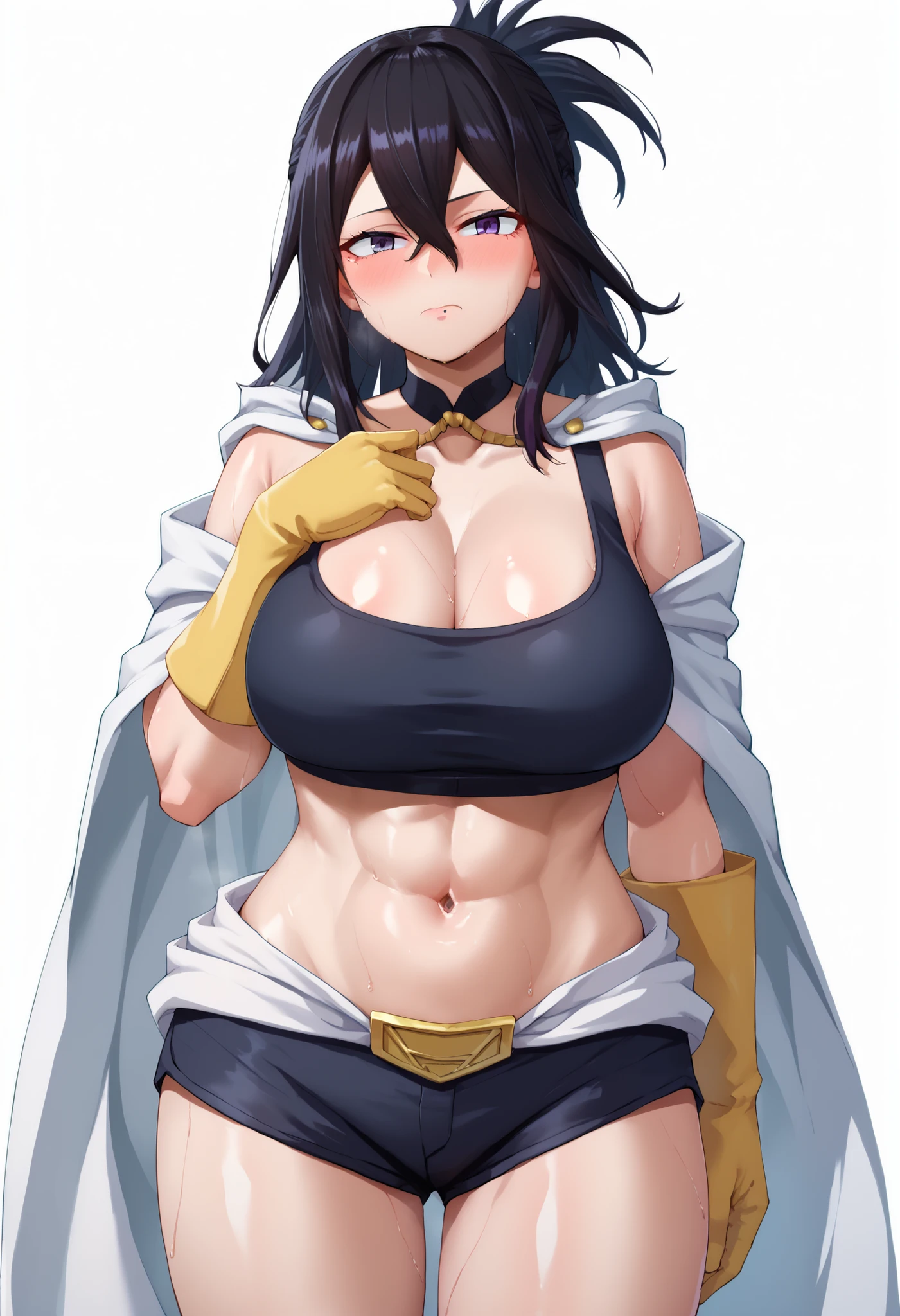score_9,score_8_up,score_7_up,score_9,4k,HD,8k,highres,antialiasing,detailed,texture,cinematic lighting BREAK Nanashimura,1girl,solo,large breasts,black hair,gloves,hair between eyes,,purple eyes,,mole under mouth,white cape,superhero,yellow gloves,cowboy shot, in a black off-shoulder long-sleeve crop top and tight black athletic shorts with white trim and drawstring, pulling up her shirt slightly with both hands. Light sweat on her skin, slightly embarrassed or flustered expression, subtle blush,, simple choker on neck. Clean white background. Anime-style, ultra-high resolution,, detailed rendering, smooth skin, glossy highlights., NOSE BLUSH, COVERED BREASTS,, , white background, dynamic pose,, opaque clothes, LOOKING AT VIEWER, COWBOY SHOT,, WHITE BACKGROUND, EMPTY BACKGROUND, POSING, large breasts,, sweat, sweaty, sweaty:1.3, nose blush, white background, simple background, looking at viewer, nice legs, legs, standing, solo, female, shiny skin, shiny hair, shiny body, clear body, COWBOY SHOT, soft white background. High-resolution anime-style illustration, clean lines, smooth shading, and rich fabric details., opaque clothes, LOOKING AT VİEWER, opaque clothes, POSING, white background, empty background, CLEAVAGE, POSING, looking at viewer