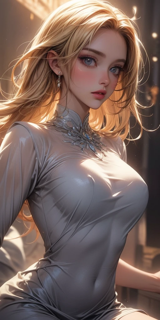 ((((masterpiece, best quality, high resolution)))), Extremely detailed 8K, Beautiful girl with slender body, e-girl, (Ultra HD, Ultra-detailed, Highly detailed, Highly realistic, Ultra-realistic, photograph realistic), (1girl:1.5), (Realistic blonde hair with dark roots), wavy hair, boho bob cut,(dark makeup, pink eyeshadow), facing at camera, light smile, (white and gold outfit, see through clothes, wet skin, transparent). (space cruise), coy grin