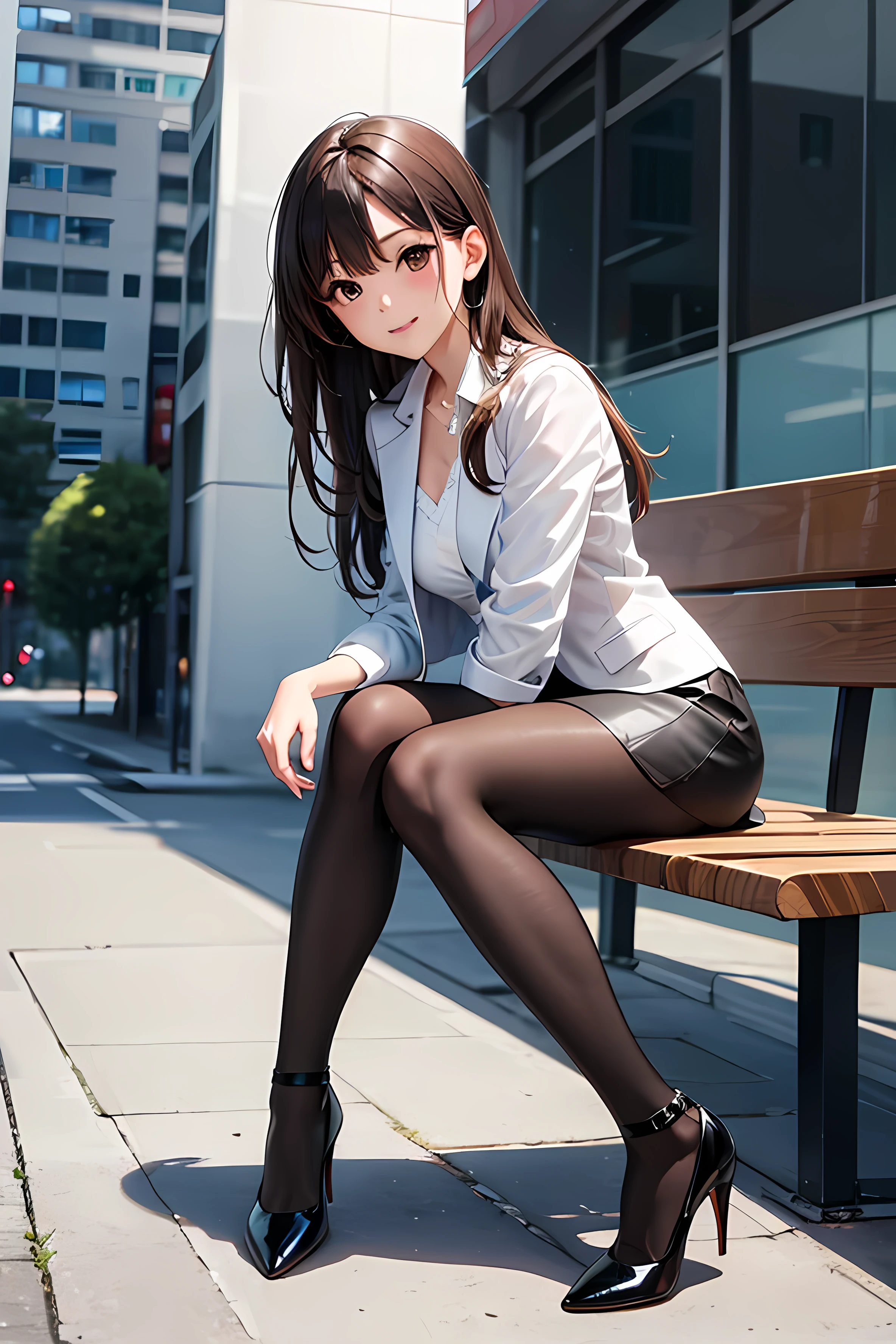 Show entire body, mixed race female, wearing tight button down shirt, short skirt, pantyhose, no shoes, sitting, legs crossed, writing open shirt, outdoor cafe, Tokyo streets, shy smile, photorealistic, great detail
