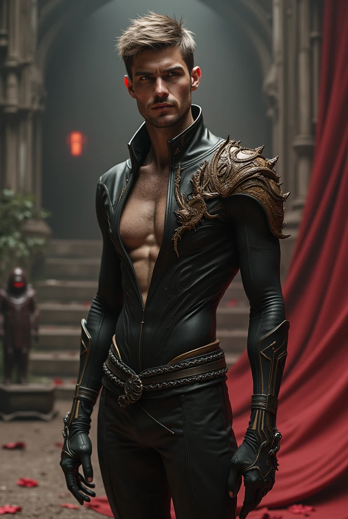 Draw a mythical male character with horns, scales, or angelic ears. The character should strike a unique and exceptionally handsome full-body pose. Pay attention to the character's clothing and background, and make sure the eyes are distinctive. Accessories can be held in the character's hands.