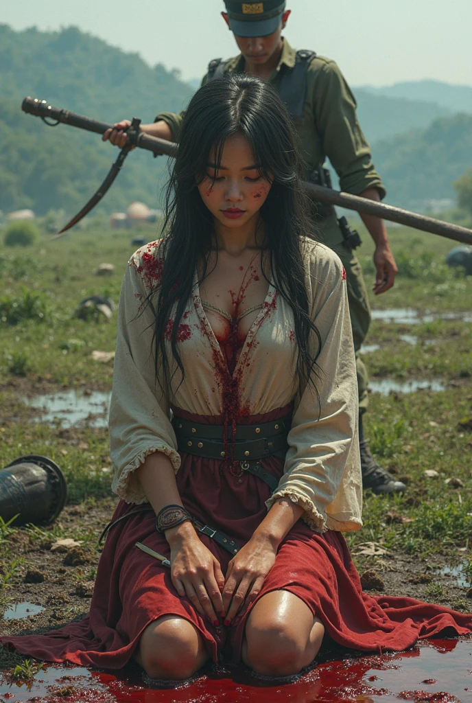 Asian women dying, sword stuck at her chest, died laying at the battle ground blood spurt out from her wound, naked, nude, death by stabbed at her chest, stabbed chest, with a sword, the sword stuck at her chest covered of blood body, blood spurt out from her wound
