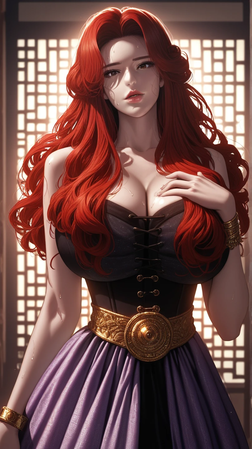 anime fairy tail, personaje lflare, pelo anaranjado largo en dos coletas, rostro hermoso, pecho grande, trasero grande, Curvaceous Body, calidad, 4k, adolescente, atractiva. Flare es una joven de piel clara de estatura media, con el pelo largo, color rojo, They are gathered on both sides of the head and tied into a pair of braided pigtails., masivas, que llegan hasta la cintura, y parecen seguir siendo por lo general arqueado, Backwards. Ella tiene labios gruesos y ojos rojizos, que siempre se muestran algo de par en par, que, junto con las cejas levantadas y perpetuamente su boca semi-abierta, gives him a somewhat crazy expression. Furthermore, ella parece tener bolsas visibles por debajo de los ojos, agregando a su aspecto distintivo. Flare posee un cuerpo muy voluptuoso, con senos masivos encontrados por las caderas de manera similar, la dota de una casi perfecta figura de un reloj de arena. Su hombro izquierdo tiene una cicatriz en forma de una "X", y su oscura marca de Gremio se encuentra en la parte superior de su pecho derecho. Flare tiene un vestido rojo muy revelador, que deja la mayor parte de su cuerpo superior al descubierto, es decir, su espalda, los lados y una gran parte de su escote que casi le llega hasta el ombligo (y, en consecuencia, parte de su marca de gremio) completamente expuestos, asegurado por correas de cuello halter. El vestido casi llega hasta los tobillos, con la parte que cubre sus piernas con volantes, and a lighter section, consisting of two elongated patches that act as a type of strap, en correspondencia a la cintura, al parecer, se cose a la ropa. El traje de Flare se completa con guantes largos que llegan casi hasta los hombros, haciendo coincidir su vestido en color, each with a small cut on the outer top edge, y las botas simples y de color claro, rostro bien denifido, imagenes de gran calidad, muy sexy.
