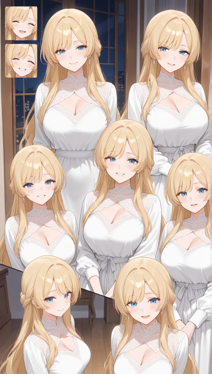 seven sexy women who are wives of 4 years old boy, looking at camera, seductive smiles, portrait, various hair