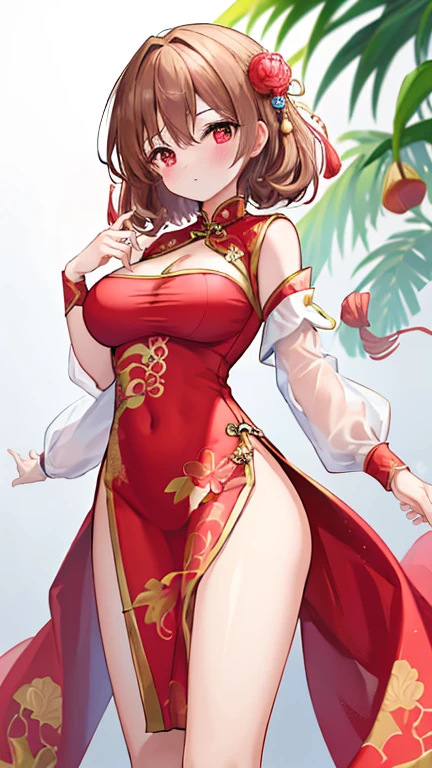 masterpiece,best quality,highres,ultra-detailed,aaakigumo,green eyes,brown hair,long hair,ponytail,hair ribbon,(mole under eye:0.7),<lora:akigumo:0.8>,bare shoulders,china dress,chinese clothes,short dress,cleavage cutout,sideboob,thighs,hands_on_hips,furrowed_brow,indoors,