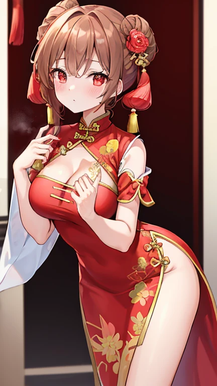 ((4K, Masterpiece, best quality)), 1 girl in, Light brown SHRT hair, Red eyes, Hair parted in the middle, medium breasts, Lovely, blush, Chinese dress,cheongsam,Charming cleavage