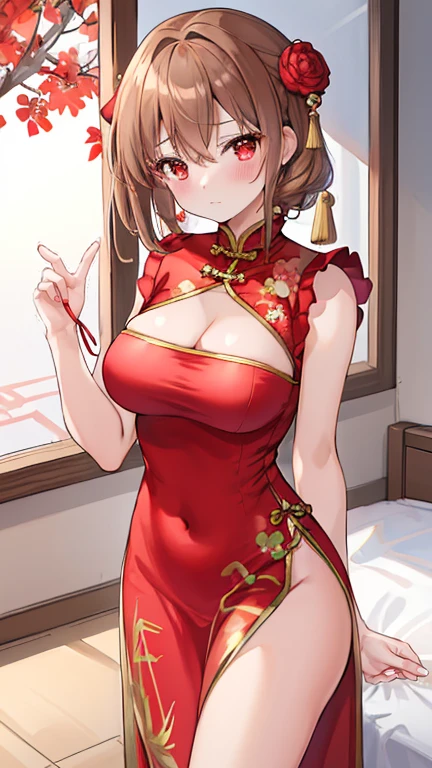 ((4K, master piece, Best Quality)), 1girl in, Light brown SHRT hair, Red Eyes, center parted hair, medium breasts, Cute, blush, China dress