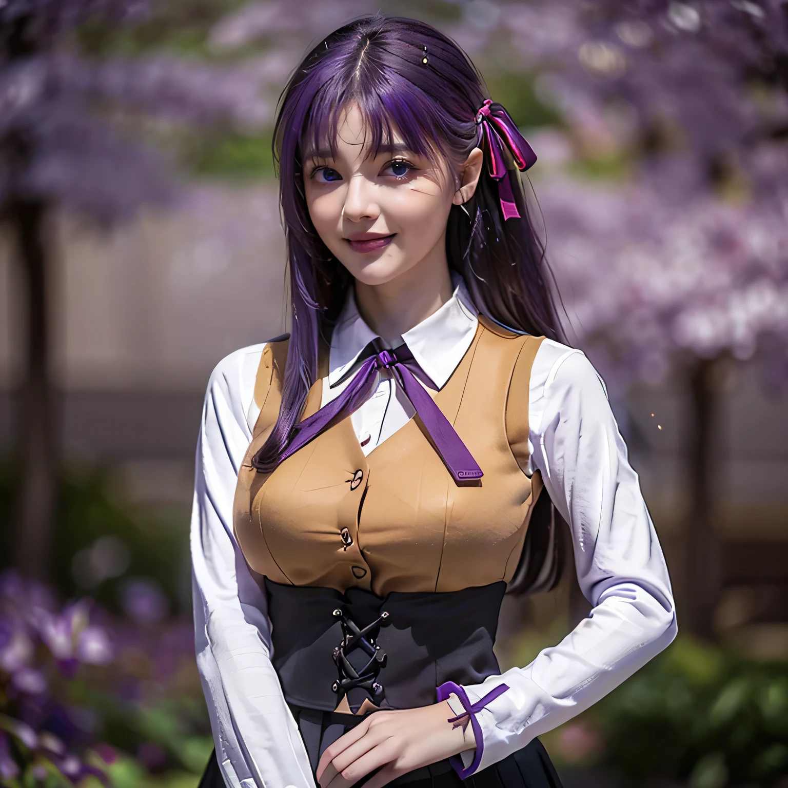 ((1girl, solo ,alone, full body, dynamic pose)), ((solo, 1woman, 18 years old, (smiling, seductive, (Sakura Matou, purple hair, long hair, hair ribbon, purple eyes, large bust ), woman, girl), Extremely detailed, ambient soft lighting, 4k, perfect eyes, a perfect face, perfect lighting, a 1girl)), ((solo, (1woman, ager), Extremely detailed, ambient soft lighting, 4k, perfect eyes, a perfect face, perfect lighting, a 1girl)), ((fitness,, shapely body, athletic body, toned body)), ((HomuraharaFemale, collared shirt, brown vest, long sleeves, black skirt))