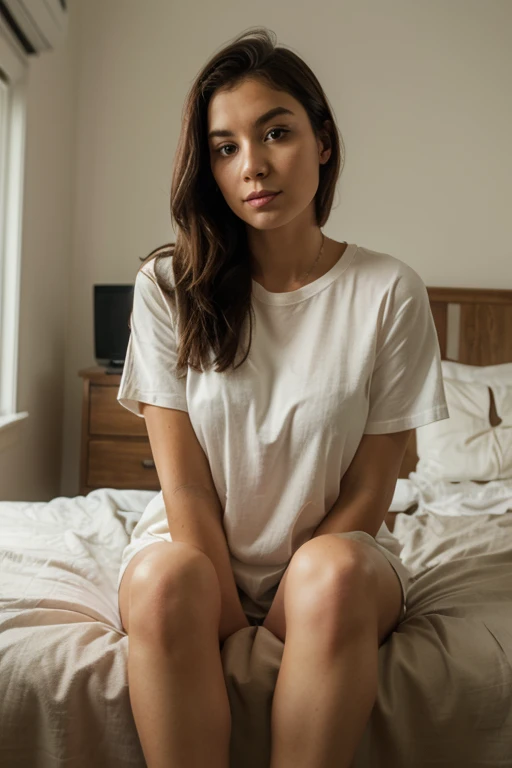 A girl sitting on her bed analyzing