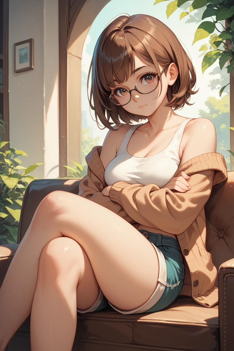 (High resolution: 1.4), 1girl --s2 (ultra-detailed, young, petite build), sitting, crossed legs, wearing a red cardigan over a white blouse and plaid miniskirt, glasses on nose, freckles on cheeks, rosy lips parted in a smile, curly brown hair cascading over her shoulders, expressive blue eyes reflecting warmth and curiosity, delicate features accentuated in the soft, natural light.