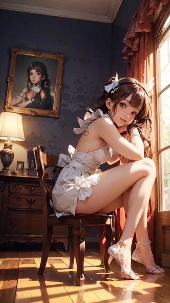 a perverted maid, seductive maid outfit, no bra, thong, perfect pose, extremely detailed, high resolution, 8k, photorealistic, masterpiece, vivid colors, intricate details, complex lighting, moody atmosphere, sensual, erotic, provocative, adult content