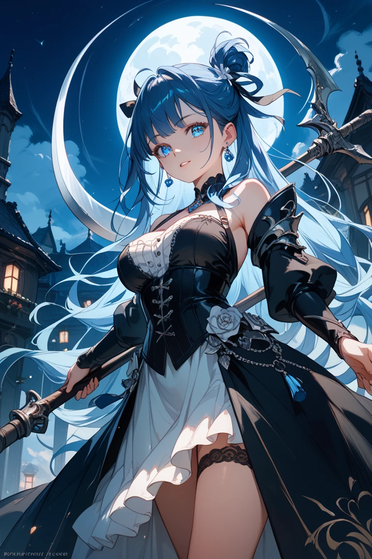 1 girl,light blue hair,light blue eyes,long hair,side ponytail,large breasts,gothic lolita,death scythe,standding,fantasy,night,castle,full body