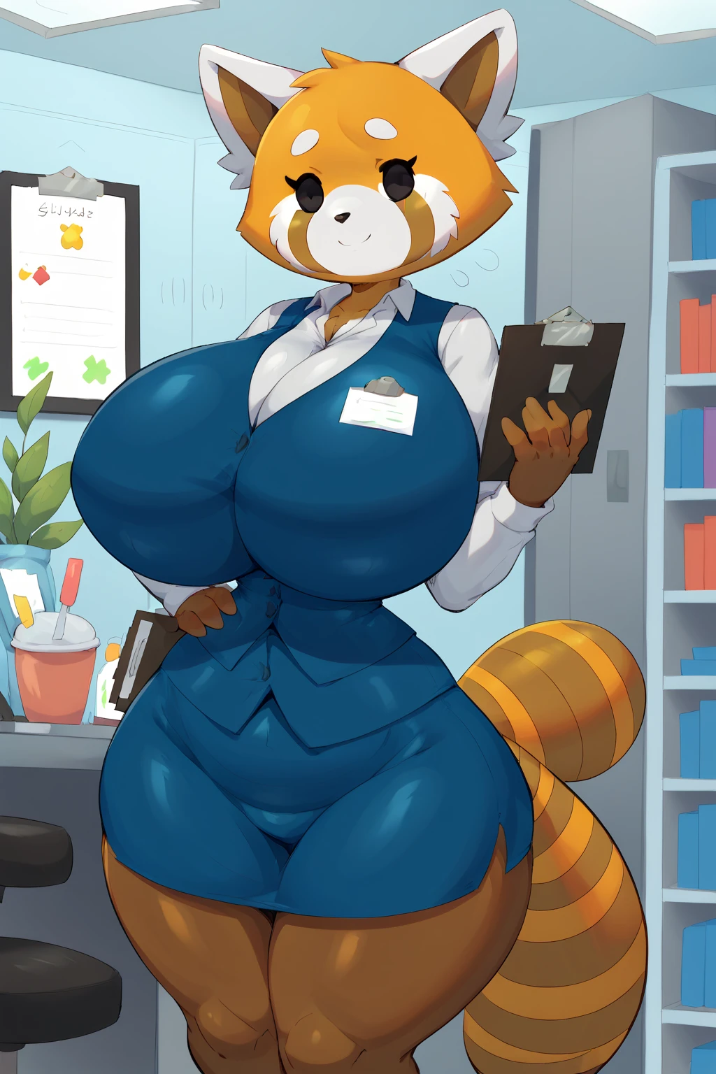 by darkgem, soft figure, curvy, red panda, retsuko, blush, female, furry body, wide body, short woman, shortstack, heavy, wide hips, highly detailed eyes, blue mini skirt, office attire, white blouse, cleavage, (huge breasts), (nipple outline:0.8), (white socks:1.2), big fluffy tail, (black pumps:1.3), Masterpiece, best quality, absurd res, highly detailed, cleanly drawn eyes, anthro only, modern office environment, tidy office, open plan office, (figures in background:1.6), (crowded:1.4), shy smile, standing upright, looking at viewer, casual posture,