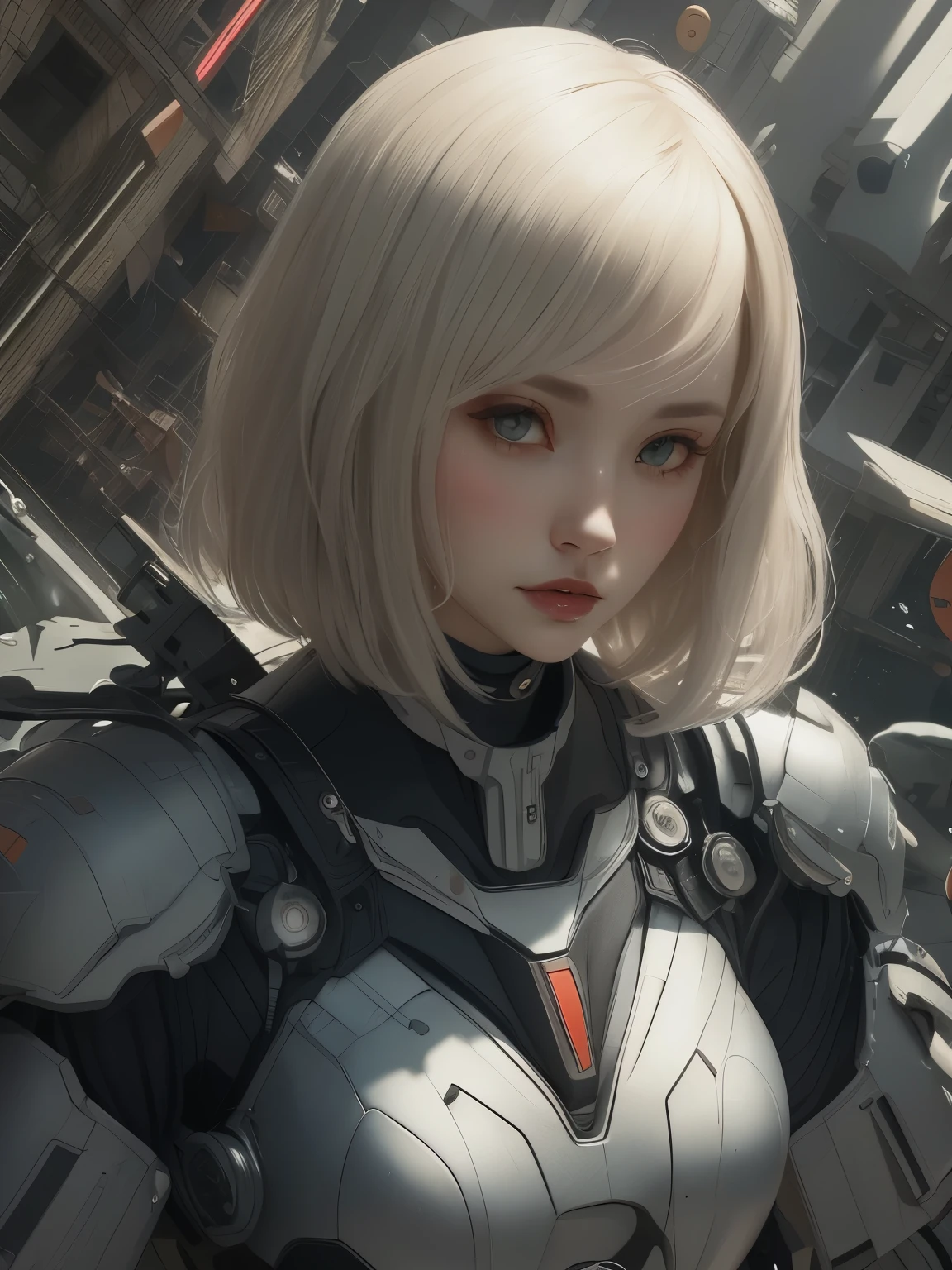 Beautiful young girl, short hair, beautiful eyes, beautiful face, raw photo, 8k, high detailed, (gundam), pale lips, white skin, textured skin, (beautiful cyborg woman), (pretty girl), mecha cyborg girl battle mode, girl with a mecha body, she wears a futuristic gundam mecha, full body shot