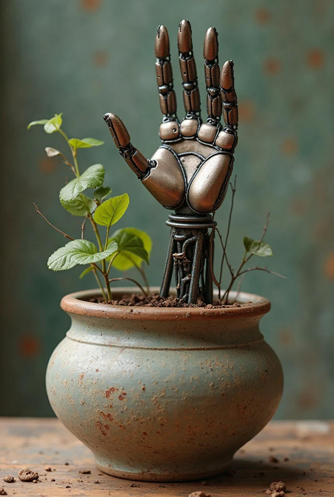 A serene landscape where nature meets technology, featuring a robot hand gently holding a sapling, symbolizing AI's potential role in environmental conservation, set against a dawn sky to signify hope and new beginnings., realistic,
