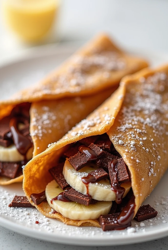 a crepe with banana inside and the banana is cut into small cubes


